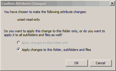 Confirm Attribute Changes window. Under Do you want to apply this change to this folder only, or do you want to apply it to all subfolders and files as well? Select Apply changes to this folder, subfolders and files. Click OK.