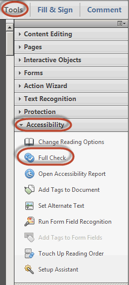 Screen shows Tools > Accessibility > Full Check