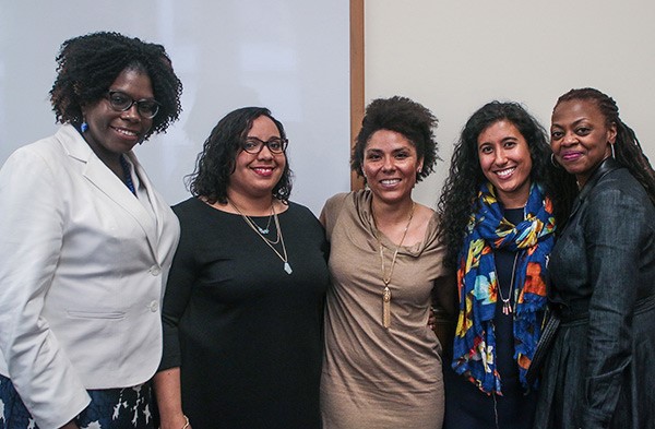 Panelists Kate Ofikuru, Julissa Dilone, Kristin Jefferson, and Karina Malik with Teachers College faculty member Yolanda Sealey Ruiz. Photo by Desiree Halpern Colombia University
