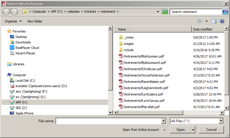 Select Files to Process window