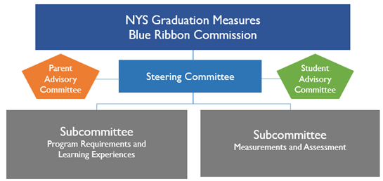 The Blue Ribbon Commission is composed of a Steering Committee, Student Advisory Committee, Parent Advisory Committee, Program Requirements, and Learning Experiences Subcommittee, and Measurements and Assessment Subcommittee.