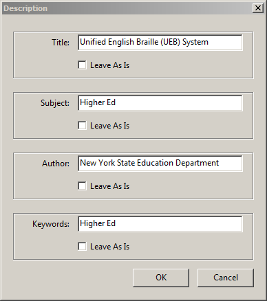The Description window is shown. Unified English Braille (UEB) System is filled in for Title. Higher Ed is filled in for Subject. New York State Education Department is filled in for Author. Higher Ed is filled in for Keywords.