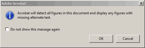 Figures in the document box: Acrobat will detect all figures in this document and display any figures with missing alternative text. There is an OK and Cancel buttons.