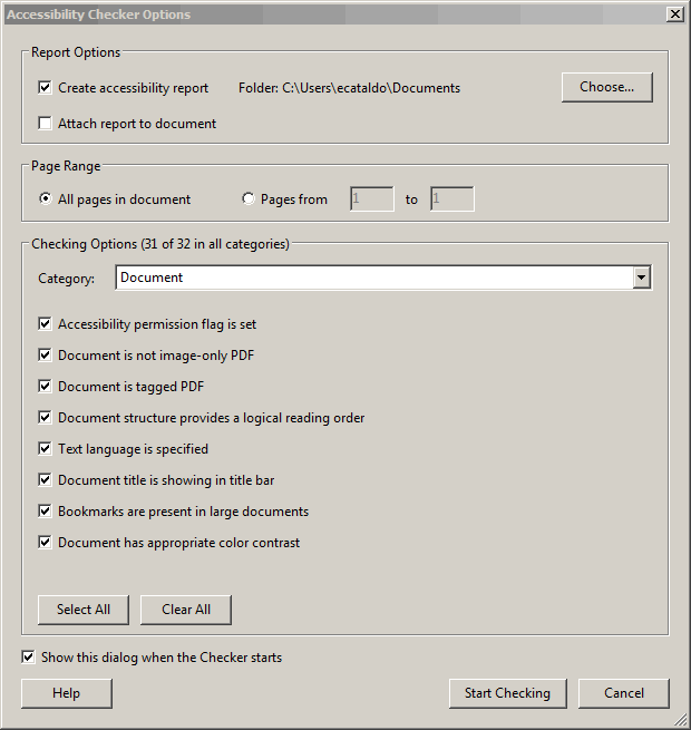 Accessibility Checker Options window. Under Report Options, Create accessibility report is selected. Under Page Range, All pages in document is selected. Under Checking Options > Document, all items are selected. Click the Start Checking button.