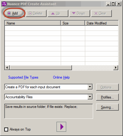 The Nuance PDF Create Assistant window. Click the Add button to add files for processing.
