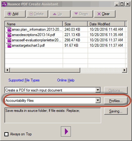 The Nuance PDF Create Assistant window. There are 4 PDF files listed that we want to process. For Profiles, we are selecting Accountability Files.