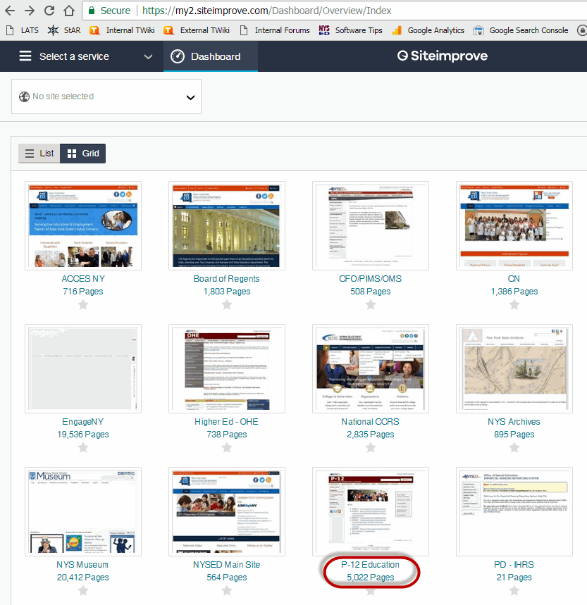 SiteImprove Dashboard which shows the various websites. The P-12 Education site is highlighted.