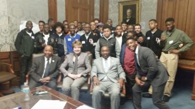 Regent Kathleen Cashin, Dr. Anael Alston, Carlos Garcia, and MBK National Advisory Council member Senegal Mabry with students in Brooklyn