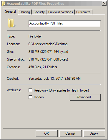 Accountability PDF Files Properties window. In the Attributes section, remove the checkmark from Read-only (Only applies to files in folder). Click Apply. Click OK.