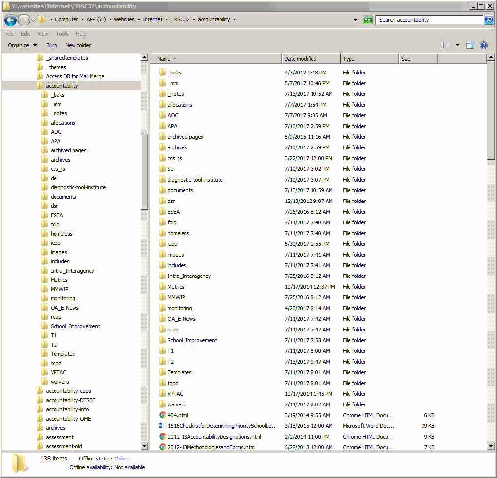 Windows Explorer window showing the Y: drive folders of a website