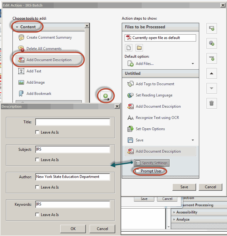 Create New Action window. Content > Add Document Description has been selected. Move icon has been pressed. When Specify Settings was pressed, a Description window was displayed. Description window appears.