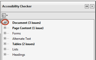 Accessibility Checker window. The plus sign, next to Document (3 issues) has been highlighted.