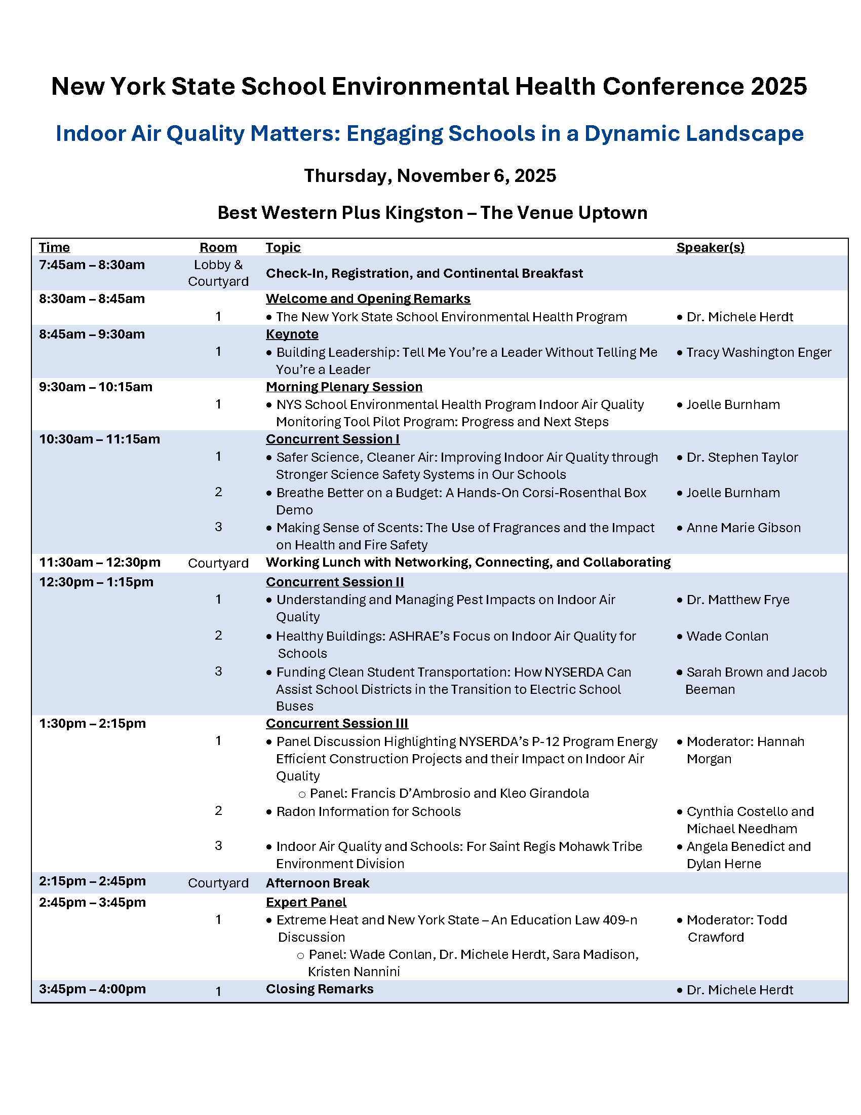 Agenda for the 2025 NYS School Environmental Health Conference.