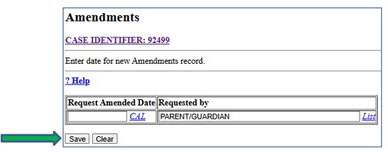Screenshot of amendments data entry screen. Save button is indicated by an arrow.