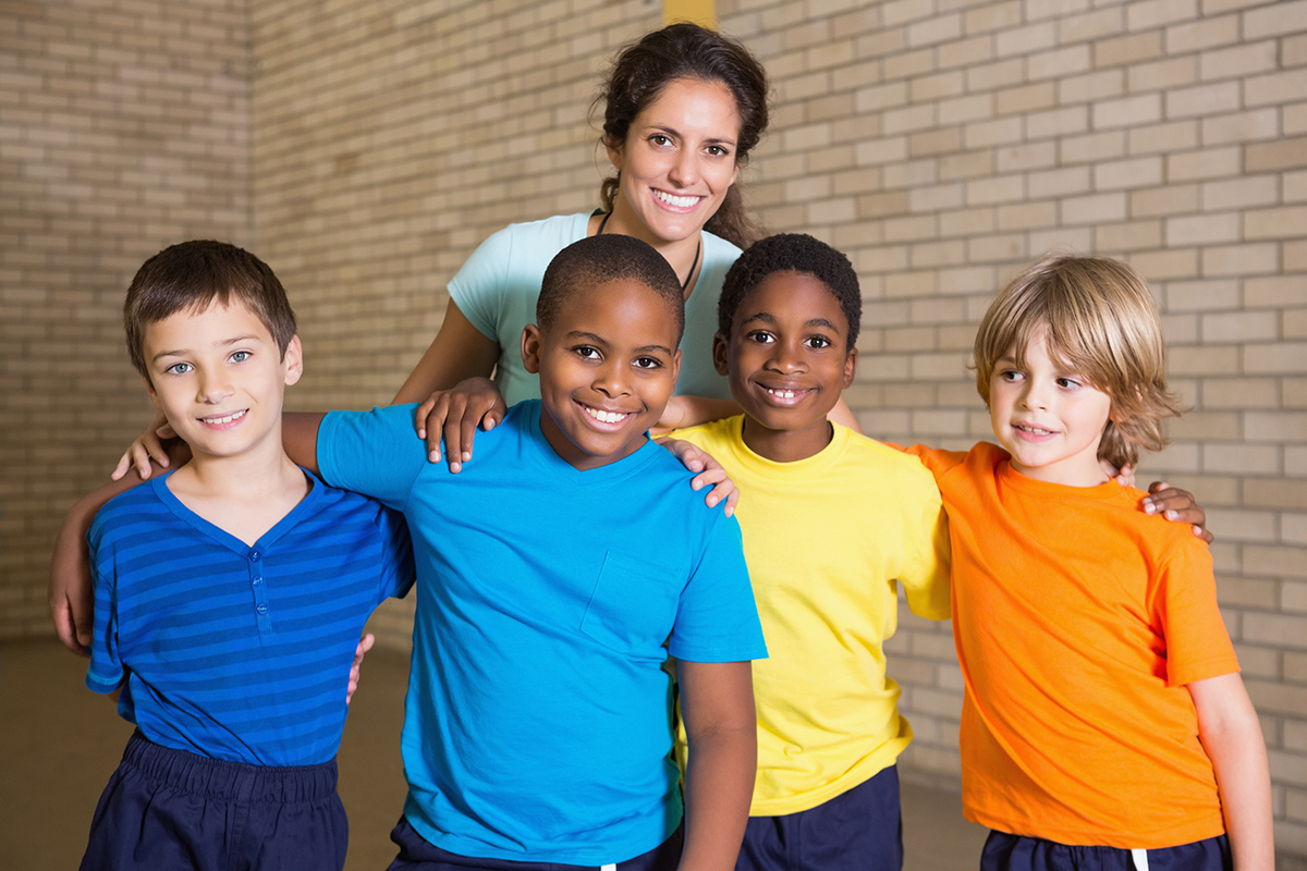 Group of kids with physical education teacher