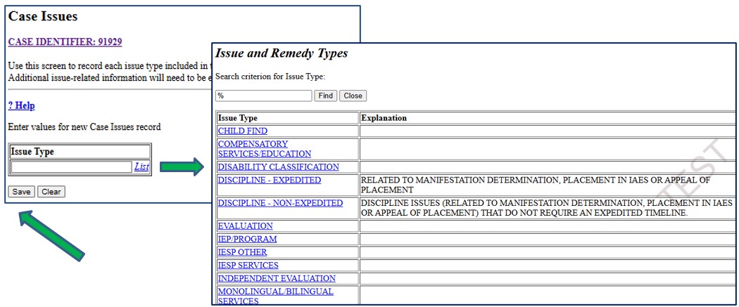 Screenshot of Case Issues screen with Issue and Remedy Types list. Save button is indicated by an arrow.