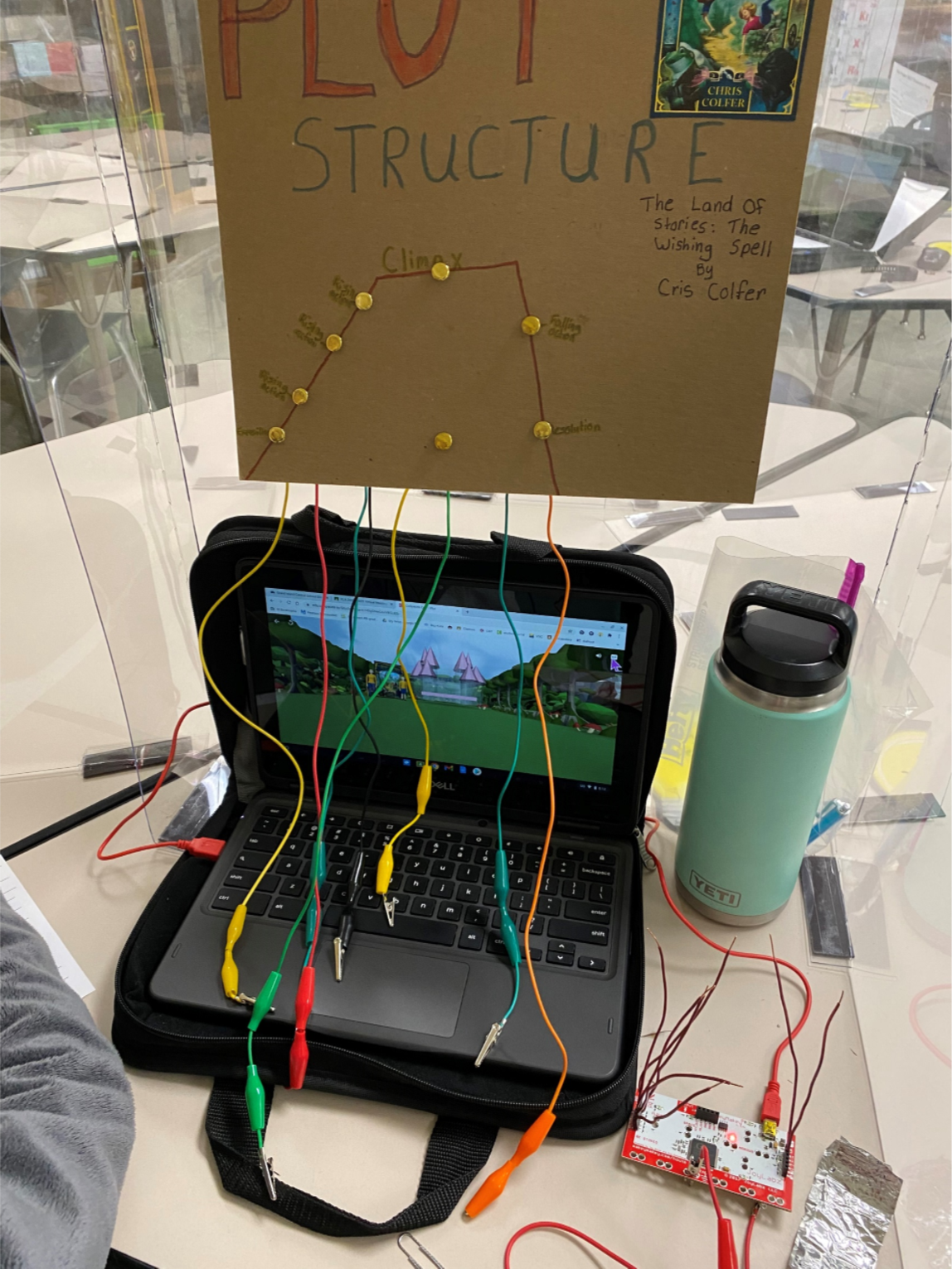 Student computer with cardboard coding directions