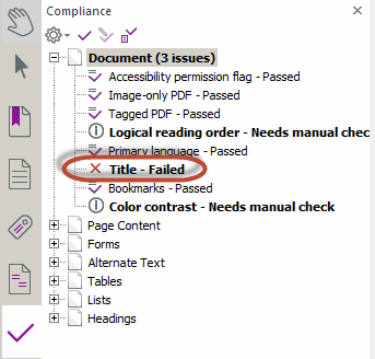 The Accessibility Check results. The TITLE has failed.