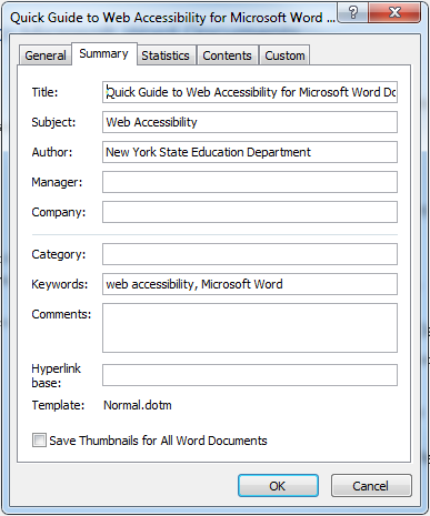 Microsoft Word 2016 Advanced Properties Window