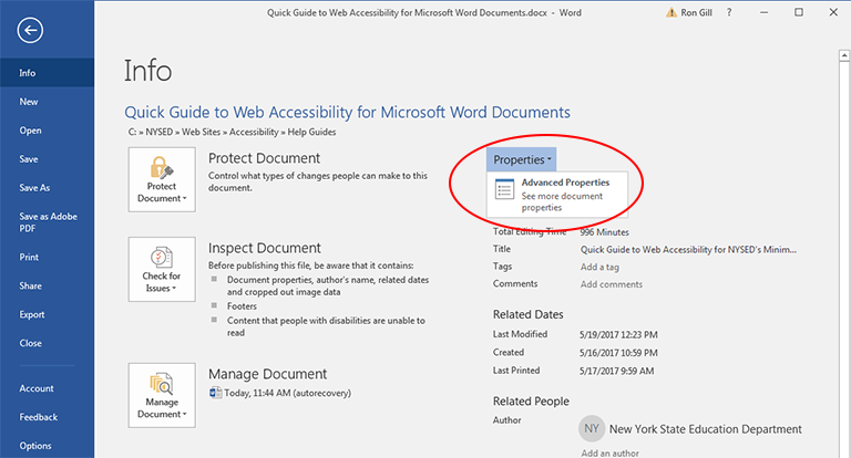 Screenshot of Microsoft Word Info window showing the selection of Advanced Properties under the Properties Tab