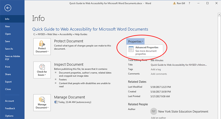 Document Properties Panel Showing Selection of Advanced Properties in the Properties Tab