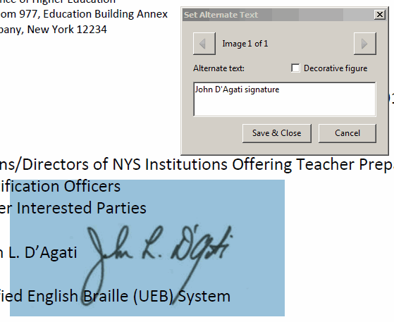 Set Alternative Text box. Image 1 of 1. Alternative text: John D'Agati signature. Click Save & Close.