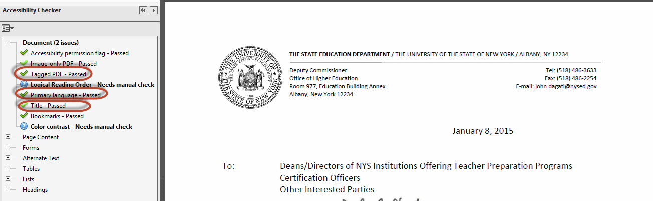 In the Accessibility Checker section, Under Document it shows that Tagged PDF Passed, Primary Language Passed and Title Passed.