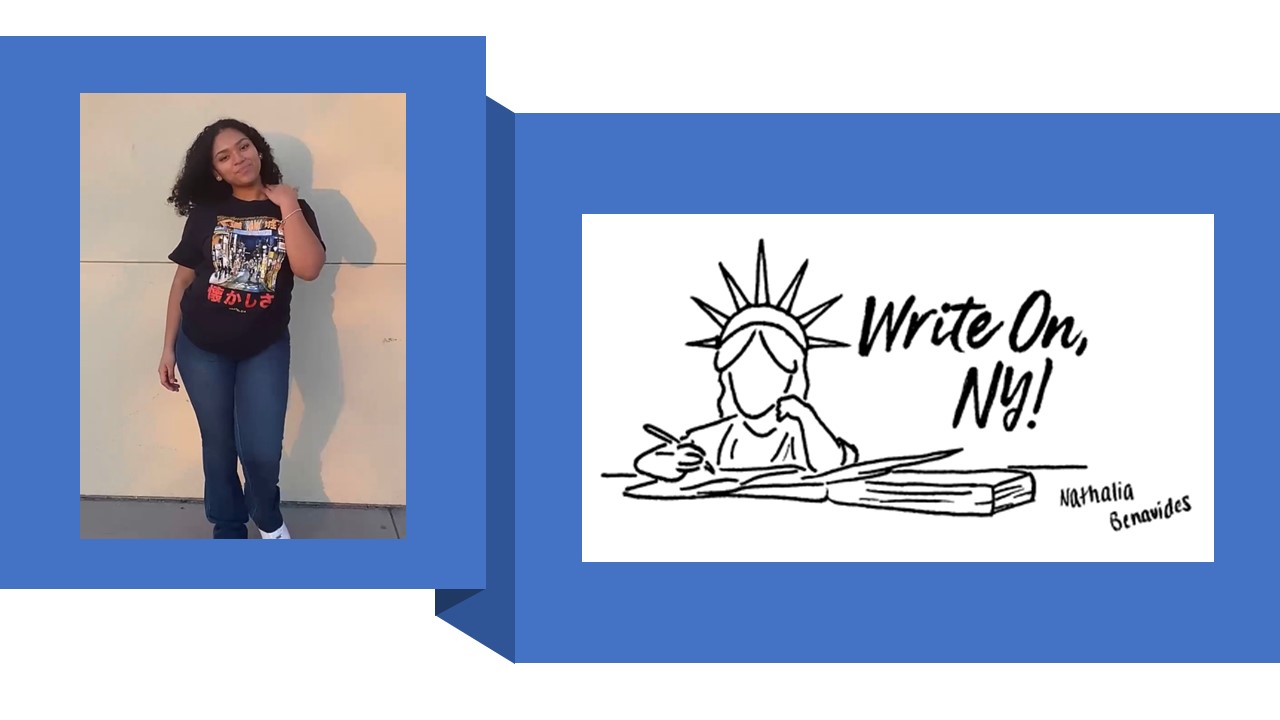 Photo of winning entrant in the Write On, NY! Logo Design Contest beside her logo design