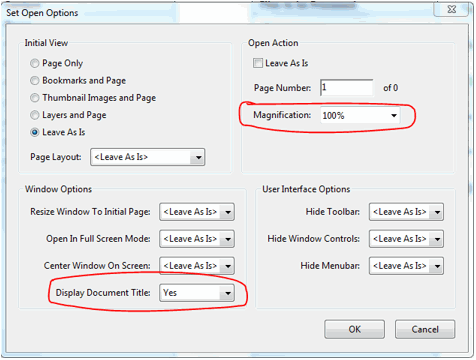 Set open Options window. Under Open Action, Magnification 100% is selected. Under Window Options, Display Document Title has Yes selected.