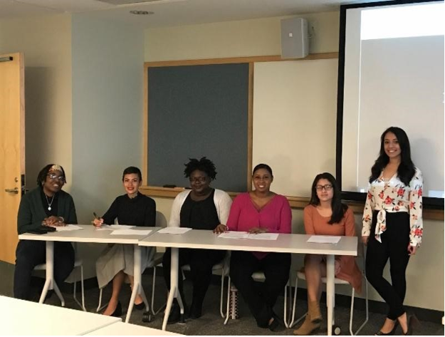 SUNY Oswego TOC II Scholars at the 2018 SUNY Oswego Quest Symposium. From left to right: Ashley Kirkland, Milena Toribio, Tamara Dalton, Ashley Sewer, Melannie Ulloa, and Amanda Ebrahim