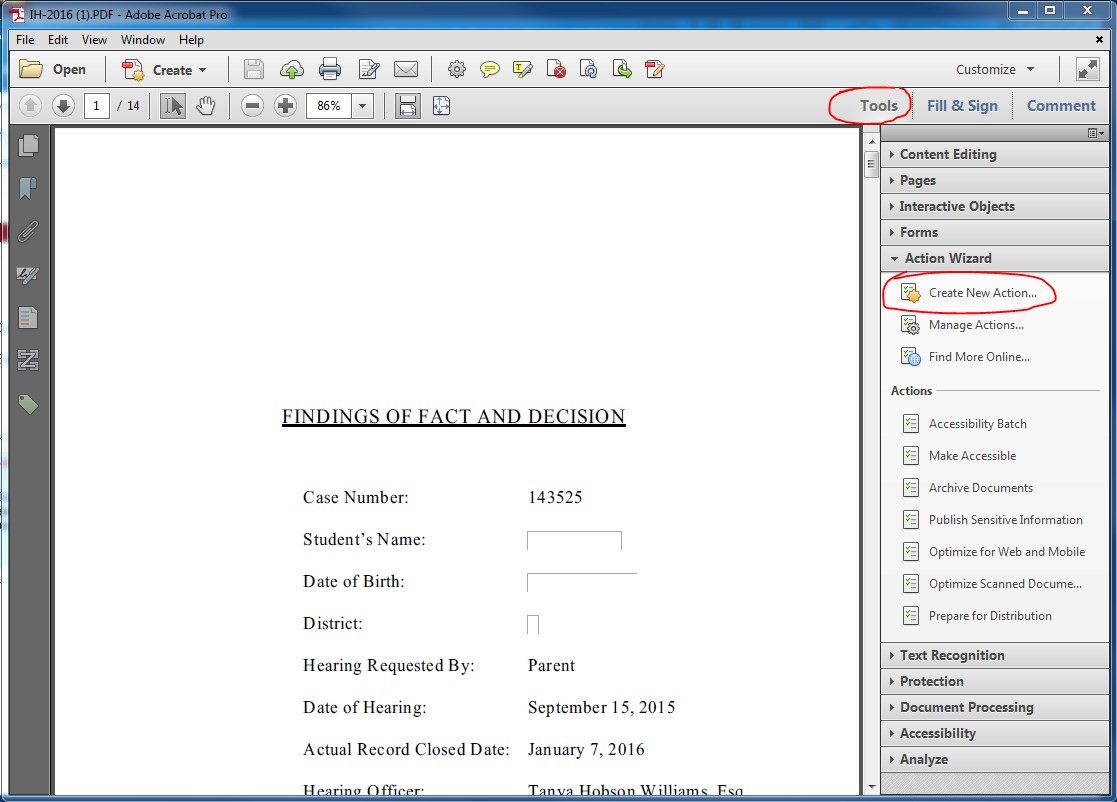 Adobe Acrobat Pro window. Under Tools > Action Wizard, click the Create New Action link.
