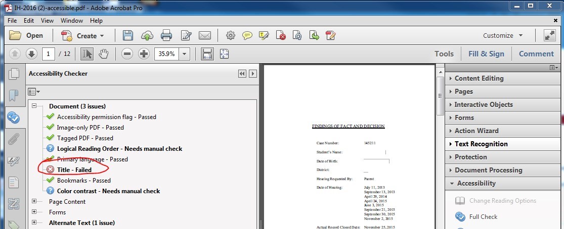 Adobe Acrobat window. Under Accessibility Checker > Document. Title shows as Failed