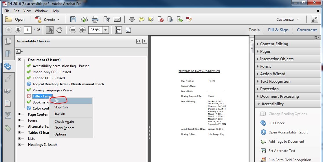 Adobe Acrobat Pro window. Under Accessibility Checker > Document, right click on Title. Click on Fix.