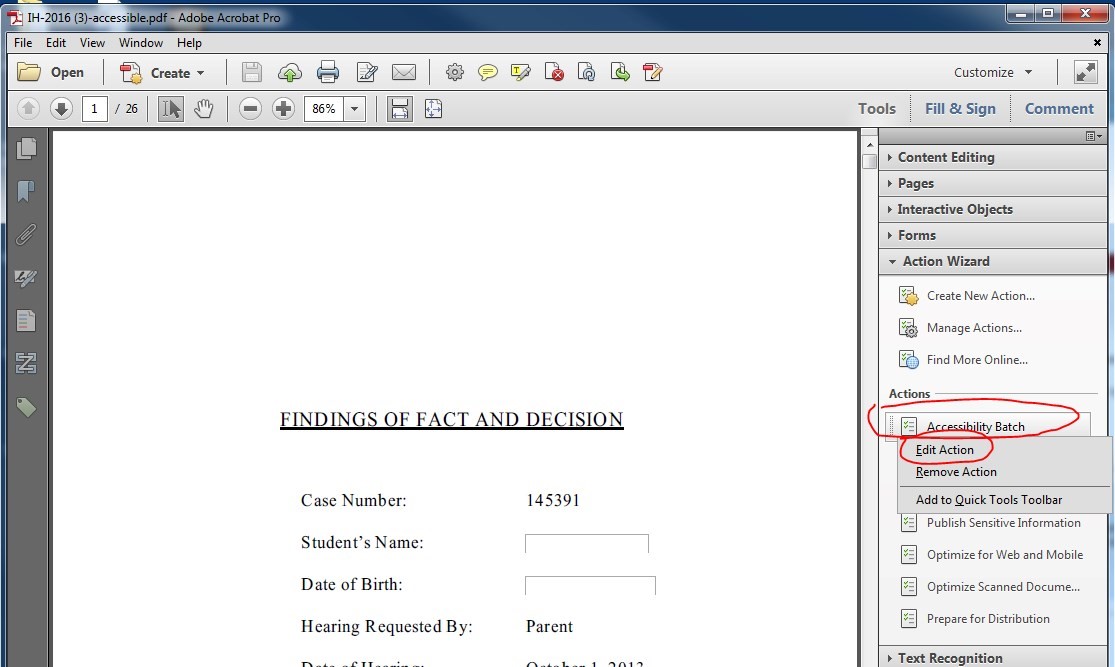 Adobe Acrobat Pro window. Under Actions > Accessibility Batch, click Edit Action.