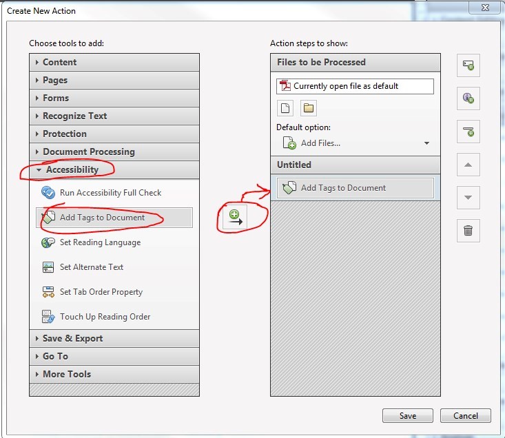 Create New Action window. Accessibility > Add Tags to Document has been selected. Move icon has been pressed. Add Tags to Document has been added under the Untitled section of Action steps to show section.