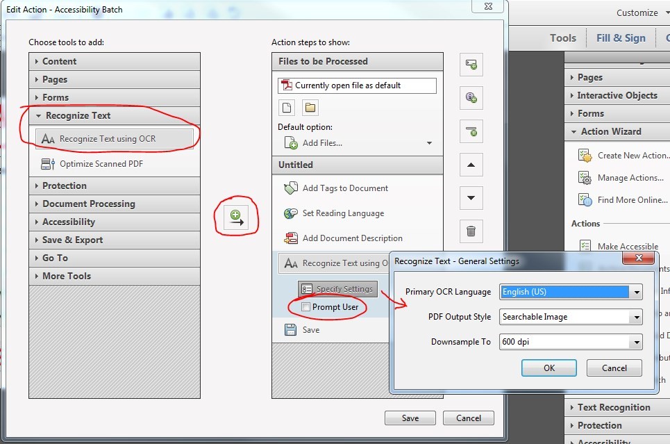 Edit Action window. Under Recognize Text, click to select Recognize Text using OCR. Click the move icon. Action is added under Untitled. De-select checkmark for Prompt User.