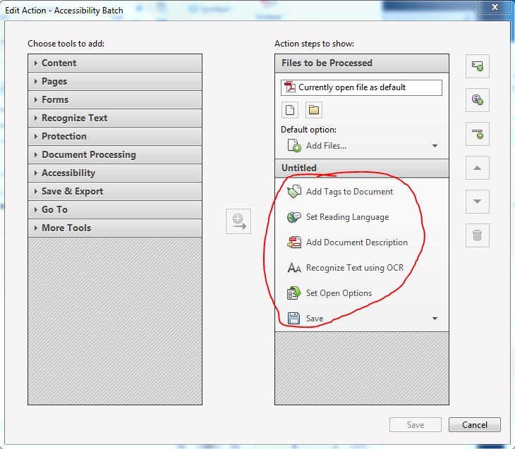 Create New Action window. In the Untitled section, under Action steps to show, these have been added: Add Tags to Document, Set Reading Language, Add Document Description, Recognize Text using OCR, Set Open Options and Save.