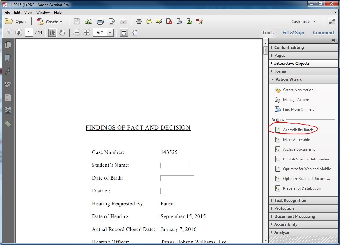 PDF file opened in Adobe Acrobat. Under Action Wizard > Actions, the Accessibility Batch is pressed.