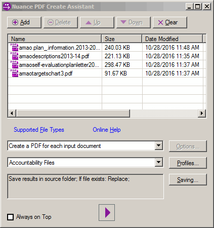 The Nuance PDF Create Assistant window. There are 4 PDF files listed that we want to process.