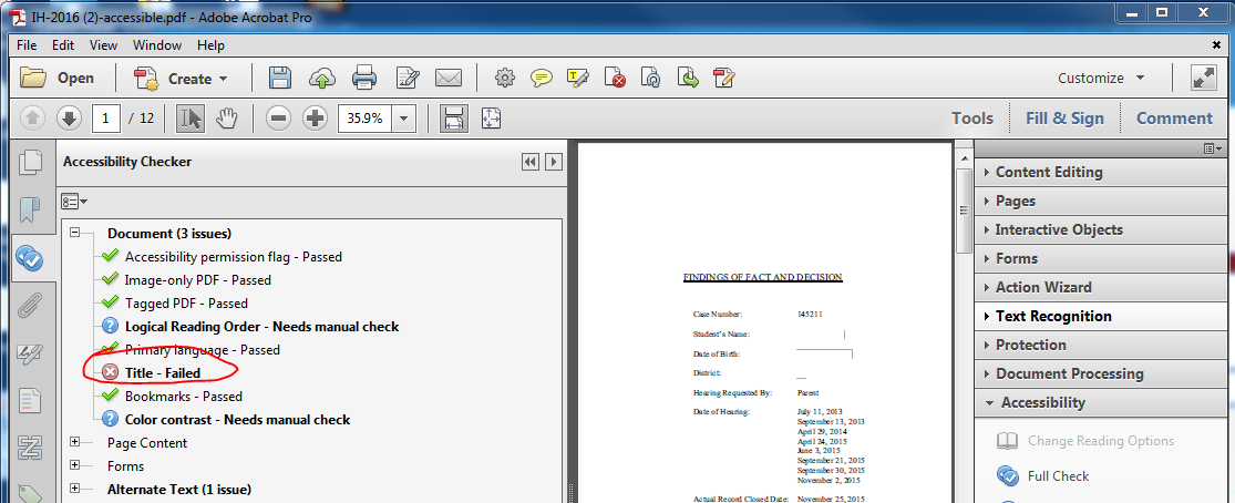 Screen showing that the document Title has failed the web accessibility check.