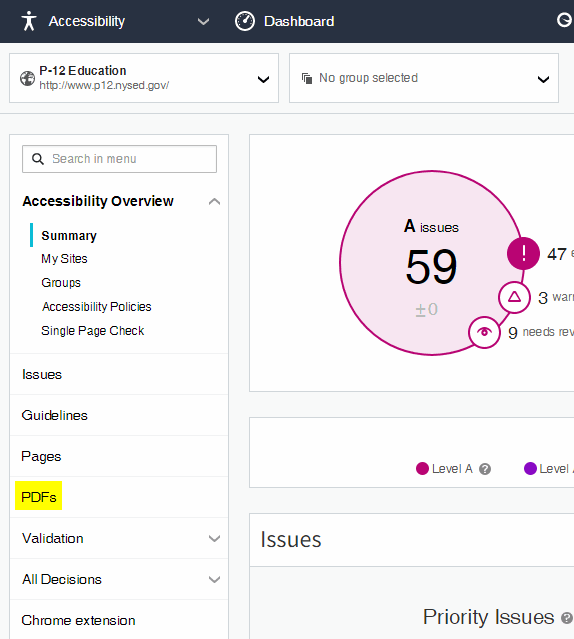 In the Accessibility Dashboard, for P-12 Education, PDFs is highlighted.