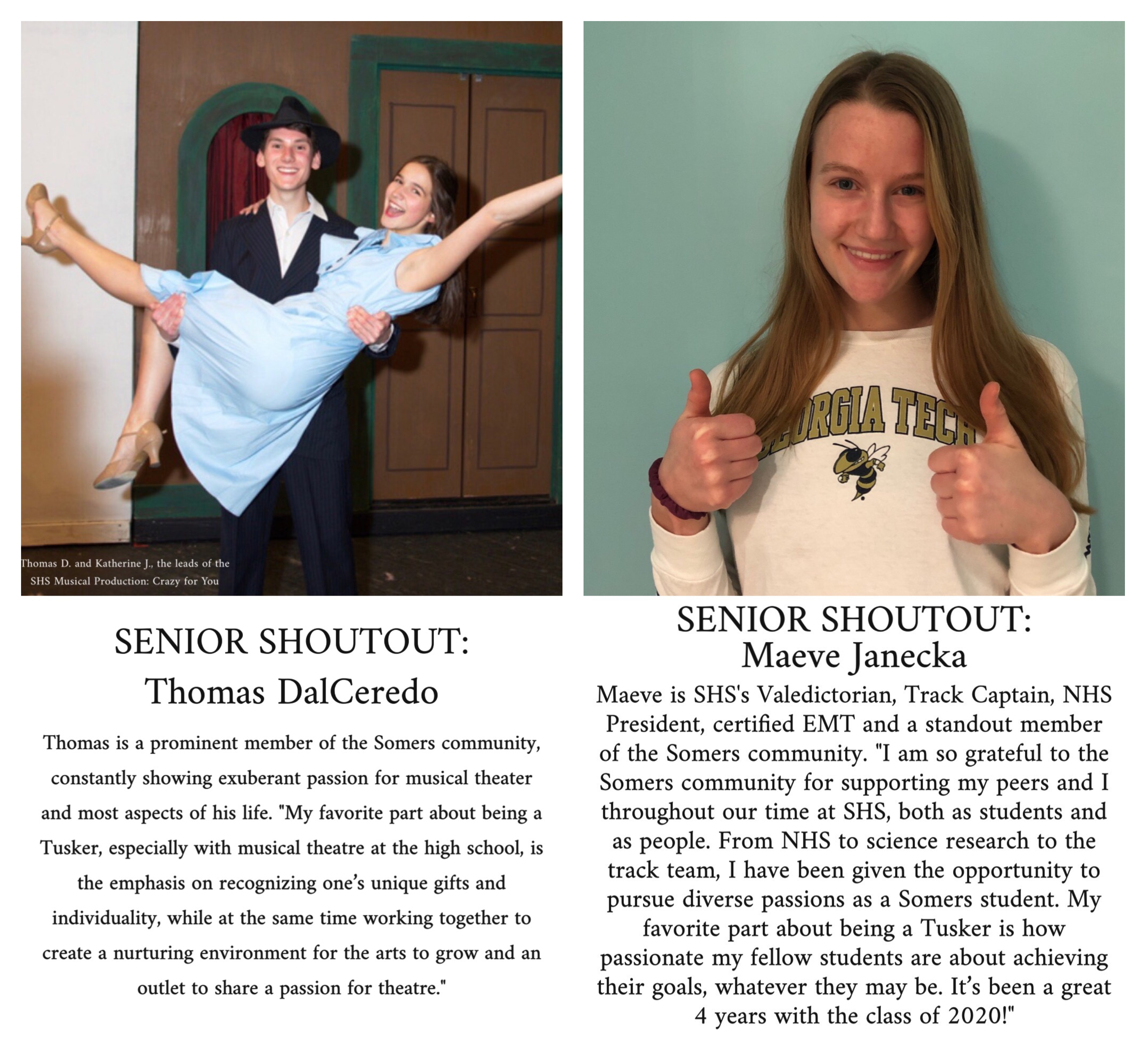 Somers Central School District Senior Shoutouts: Thomas DalCeredo and Maeve Janecka