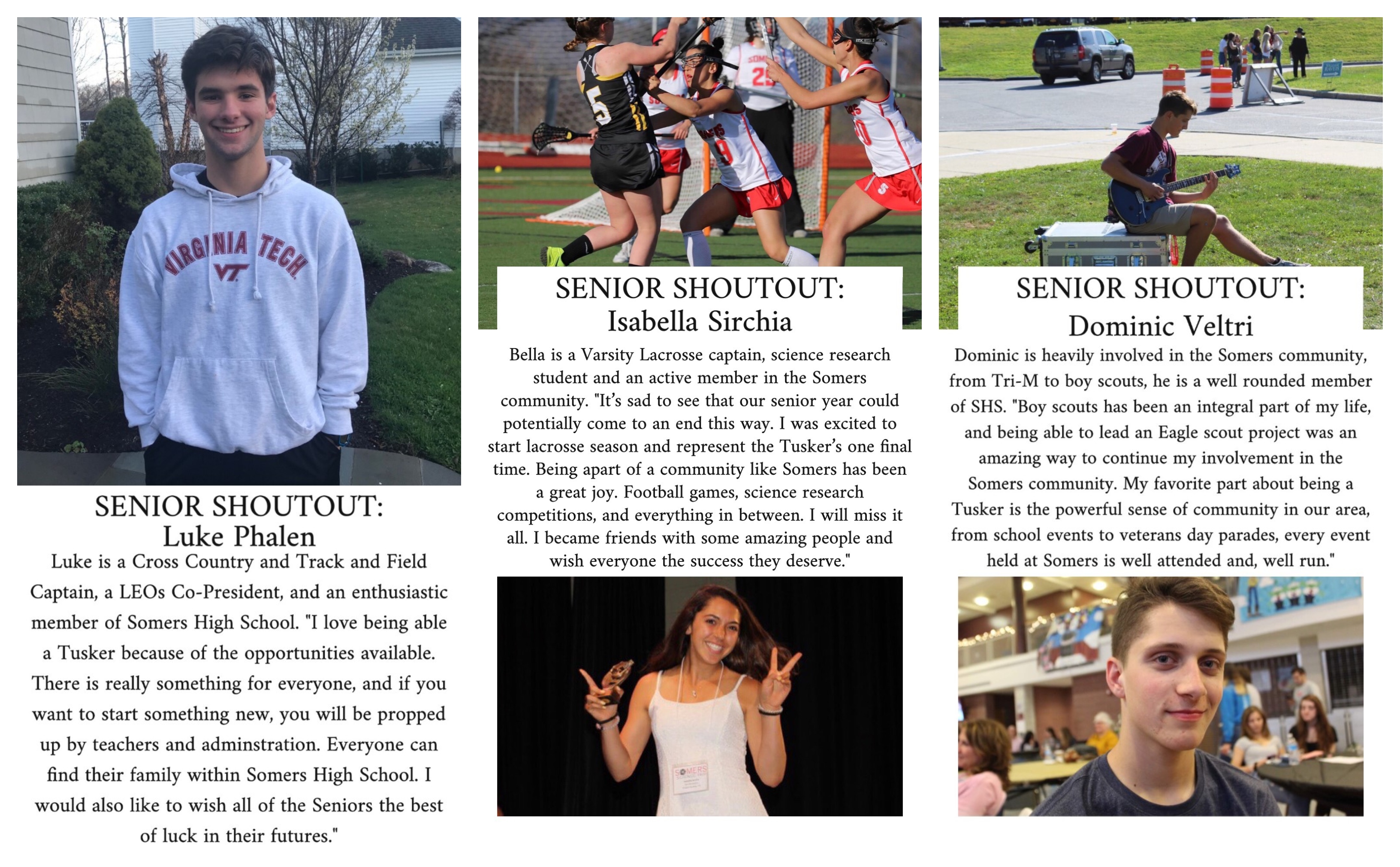 Somers Central School District Senior Shoutouts: Luke Phalen, Isabella Sirchia, and Dominic Veltri