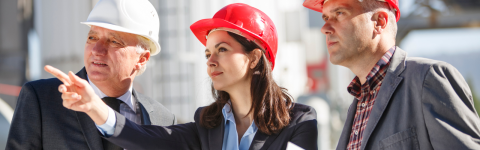 Three workers planning and pointing