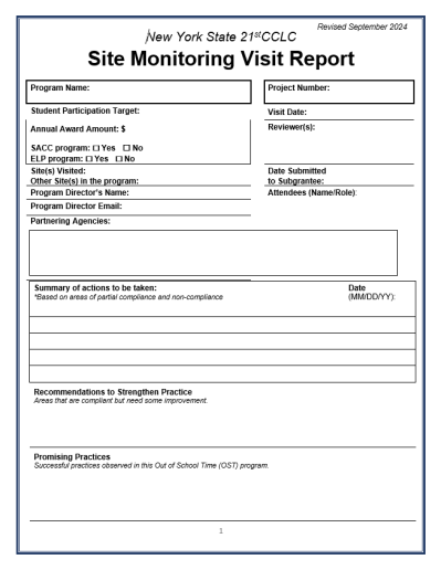 image of the report form for New York State 21st CCLC Site Monitoring Visits