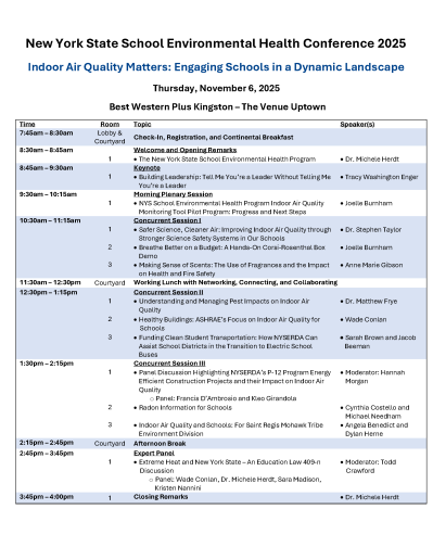 Agenda for the 2025 NYS School Environmental Health Conference.
