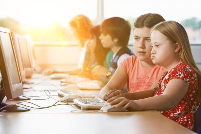 Students using computers at school.