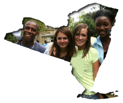 Four smiling teenagers in the New York State outline