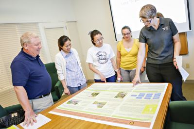 University of Missouri College of Agriculture, Food and Natural Resources Communications Team (CARNR) speaking to CAFNR faculty and staff about how to properly design a scientific poster.