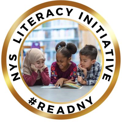 Seal with NYS Literacy Initiative and #ReadNY on outer ring; picture of students reading inside inner circle